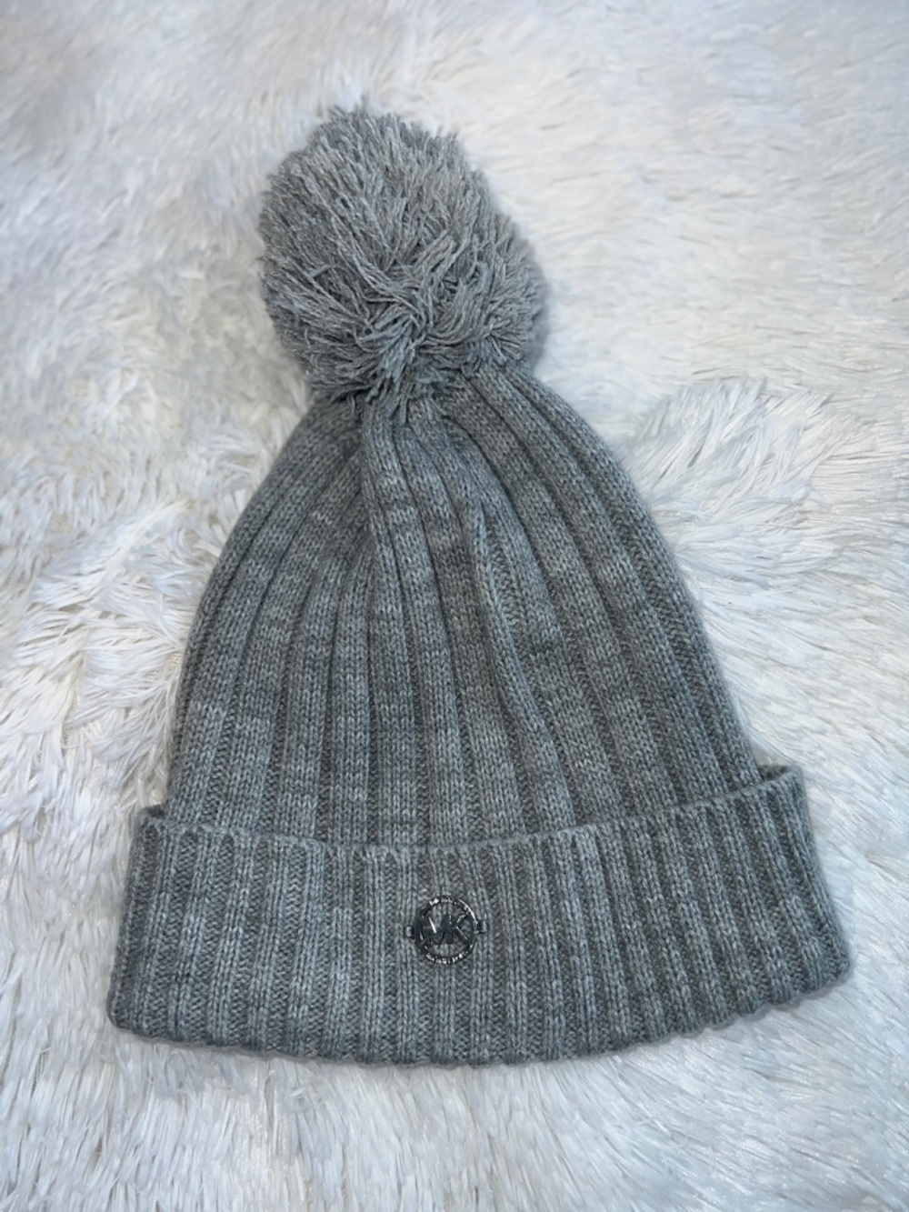 Michael By Michael Kors Gray Pom Pom Knit Ribbed Beanie Hat Silver MK Logo